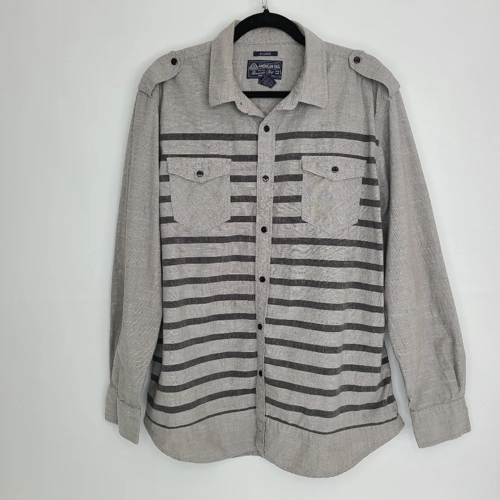 American Rag Shirt Collar Long Sleeve Button-Down Gray Black Stripes X-Large_8